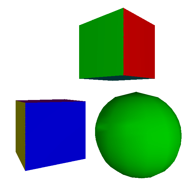 Figure 13-6: Gouraud shading with normal vectors specified in the model. The cubes still look like cubes, and the sphere now looks like a sphere.