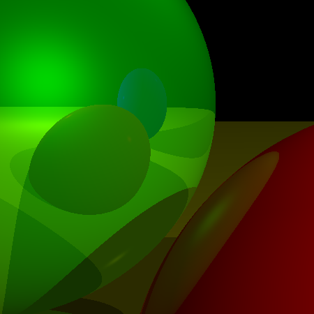 Figure 4-6: Reflections limited to one recursive call (r = 1). We see spheres reflected on spheres, but the reflected spheres don’t look reflective themselves.