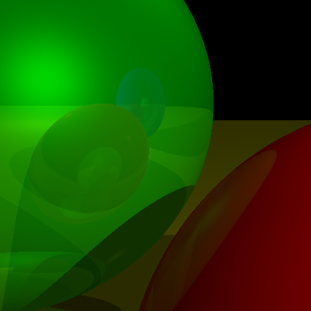 Figure 4-7: Reflections limited to three recursive calls (r = 3). Now we can see the reflections of the reflections of the reflections of the spheres.